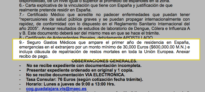 Spanish Consulate of Guadalajara requires only emergency coverage of min €30,000 and repatriation of your remains should you perish.
